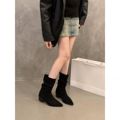 Замшевые полусапожки цвета хаки с острым каблуком, тонкие французские короткие женские ботинки 2024 года, новые штабелируемые ботинки, весенние и осенние одинарные ботинки