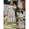 Summer Square Collar Floral Print Dress Women Elegant Fashion Long Sleeve Vintage Dress Plus Size High Waist A-line Party Loose Casual Dresses 1330