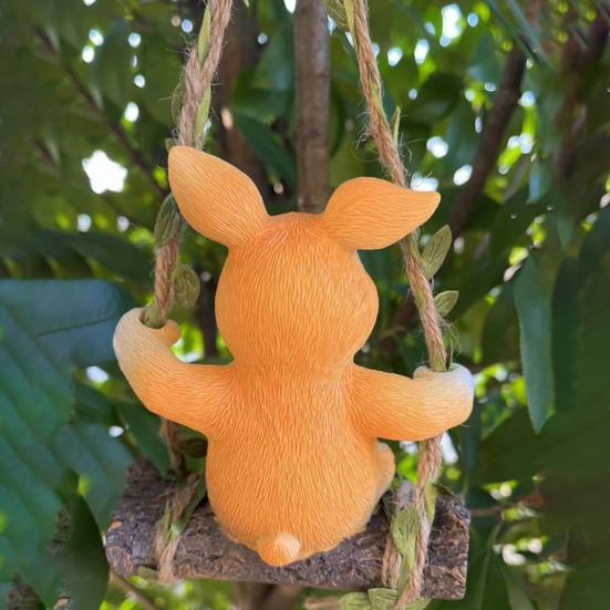 Hanging Swing Statue Resin Craft Rabbit Ornament with Imitation Rattan Rope Tree Stump Base Small Portable Home Garden Decoration
