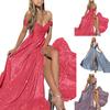 Women Evening Dress Off Shoulder Bandeau Backless Sleeveless Backless Shiny Sequin Split Hem A-line Big Swing Prom Party Maxi Dress Ball Gown