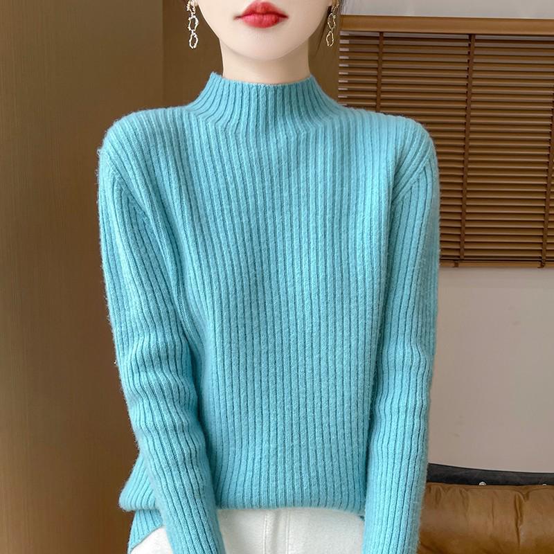Women's 100% Pure Wool Half-High Collar Thick Knit Sweater - Warm Autumn/Winter Base Layer Pullover
