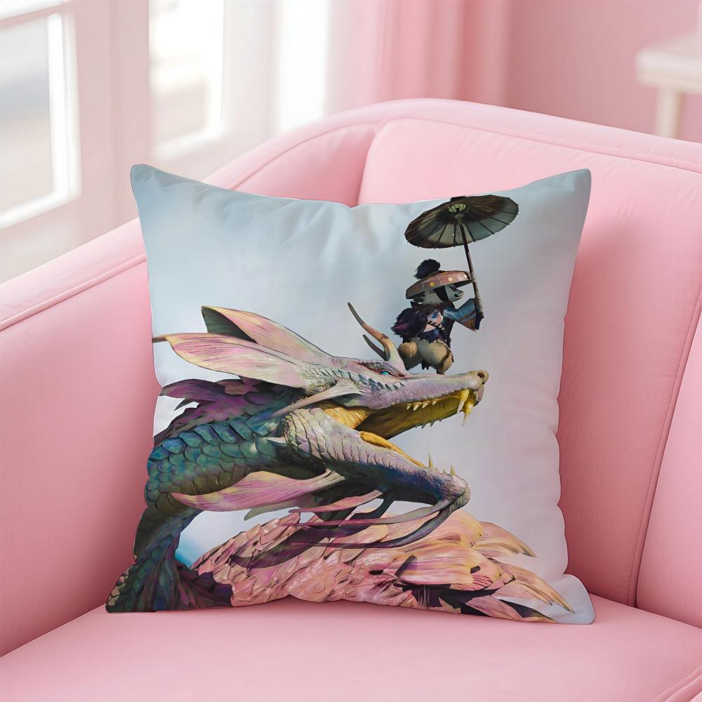 Classic Japanese Game MMonster Hunter Wilds Cushion Cover Pillow Case Soft Skin Friendly Fabric Concealed Zipper