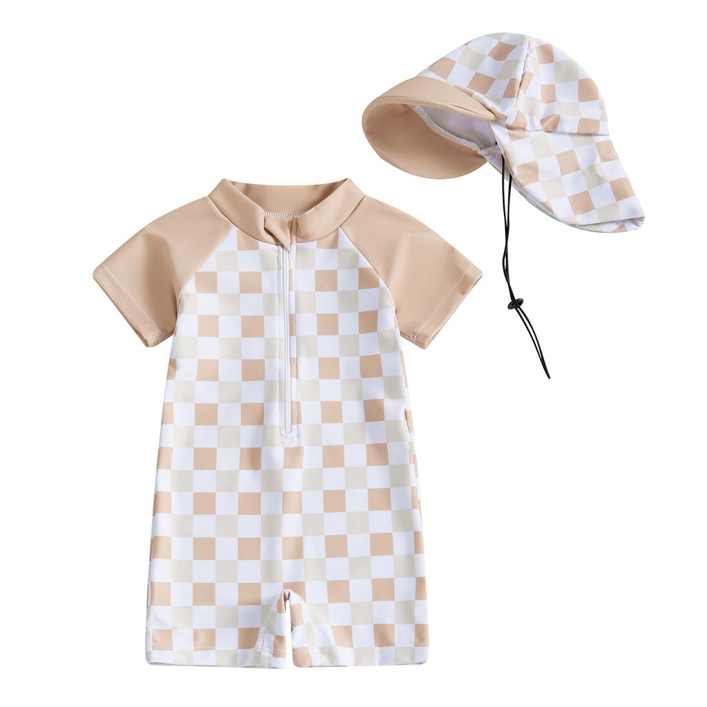 Boys Girls Short Sleeve Swimwear Casual Plaid Print Zipper Rash Guard Swimsuit and Hat Beachwear Bathing Suit