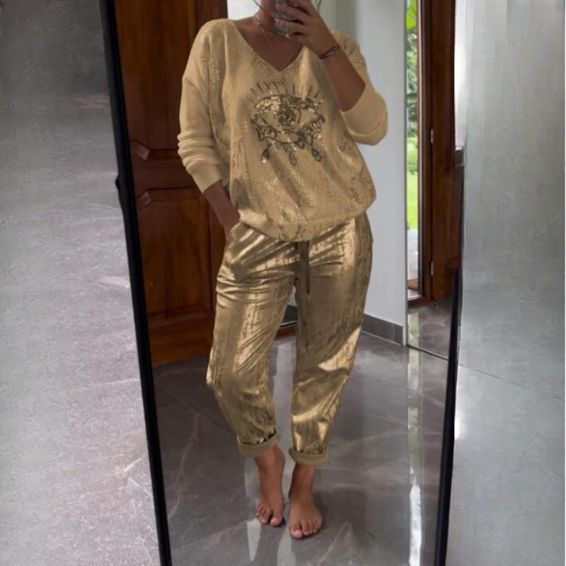 Plus Size Women's Fashion Suits Spring and Summer Bronzing Tops and Trousers Shiny Suits Women's Clothing