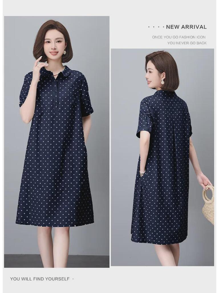 Летнее платье в горошек из хлопка и льна 2024 года — женское, французский стиль, размер плюс, длинная юбка