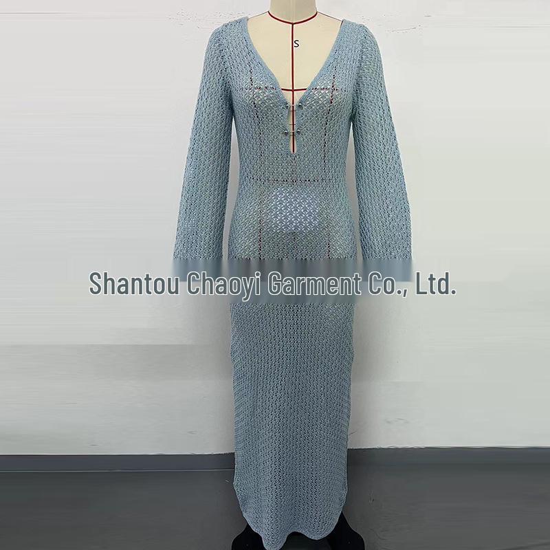 European-American V-Neck Hollow Texture Long-Sleeve Beach Dress