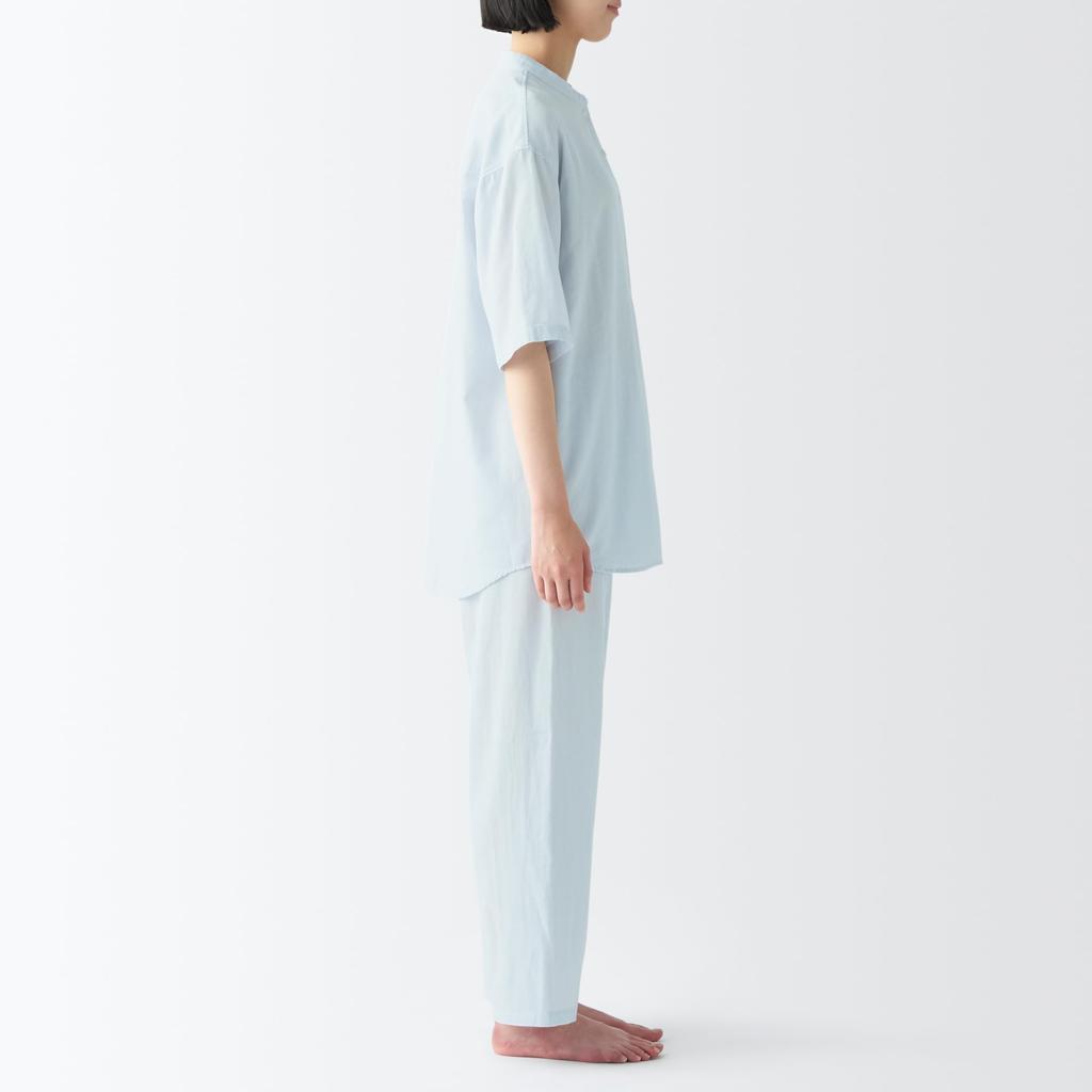 MUJI Тонкая марлевая пижама с коротким рукавом без боковых швов FD1JHA4S Светло-голубая полоска S Женская Женская Женская