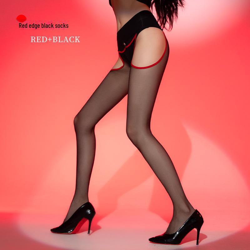 Aurora Shiny Black Silk Garter Stockings with Red Edge - Seamless, Sexy & Removable