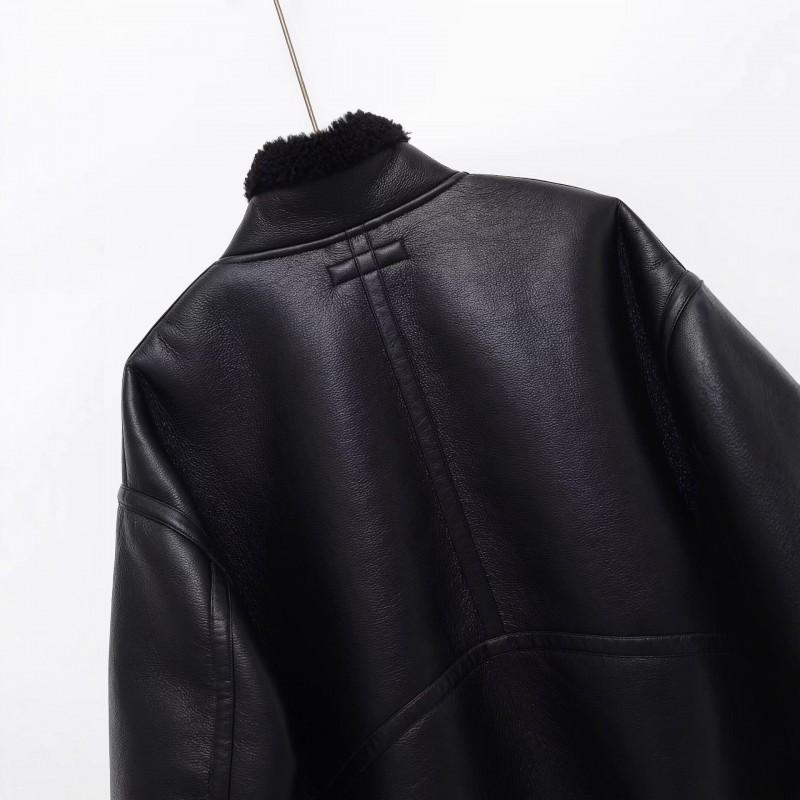 Womens Fall Fashion Versatile Stand Collar Zip Faux Leather Jacket Double-sided Fleece Outerwear