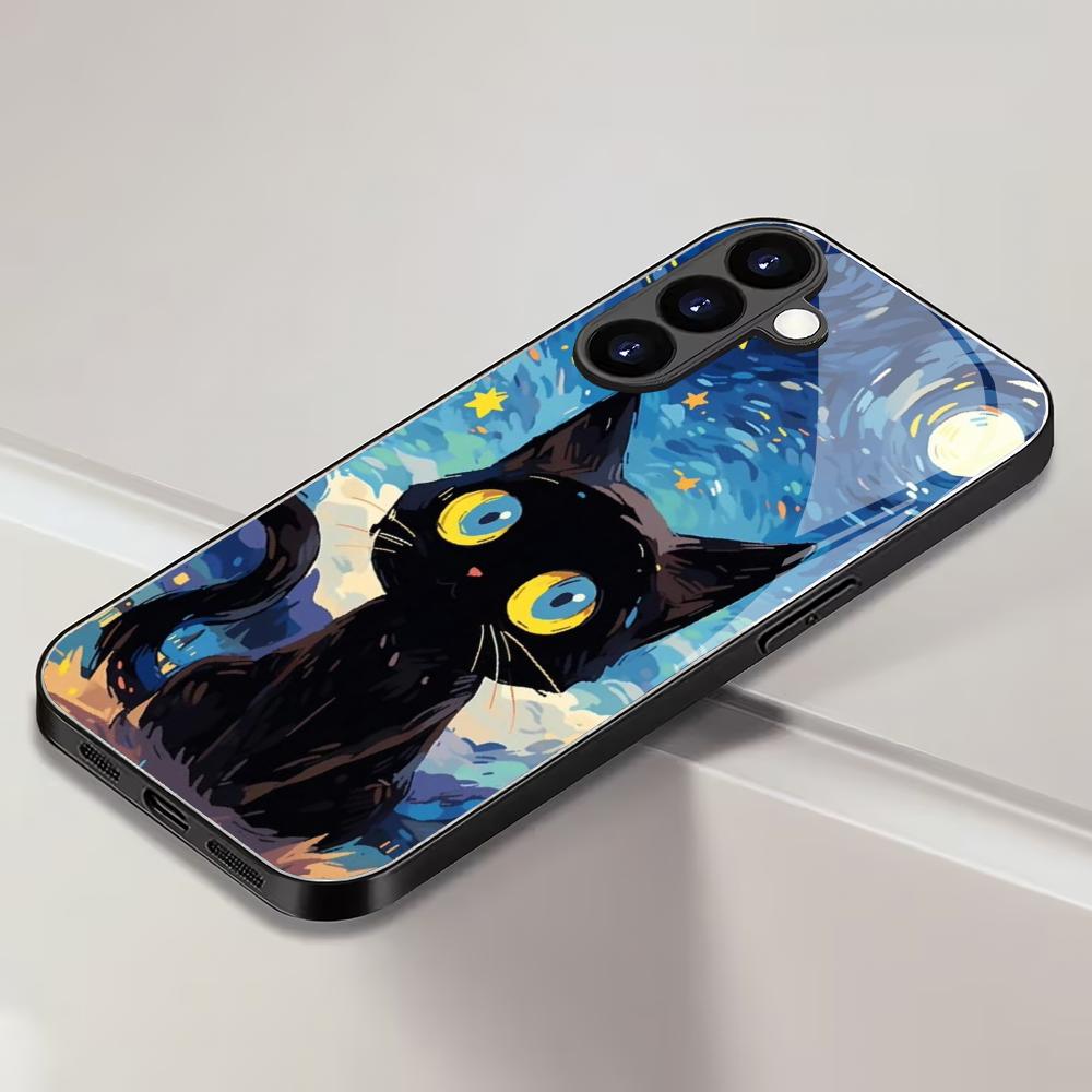Чехол из закаленного стекла «Кошка в звездном небе» для Samsung Galaxy S26 S25 S24 S23 S22 S20 FE/Ultra/Plus, противоударная задняя крышка