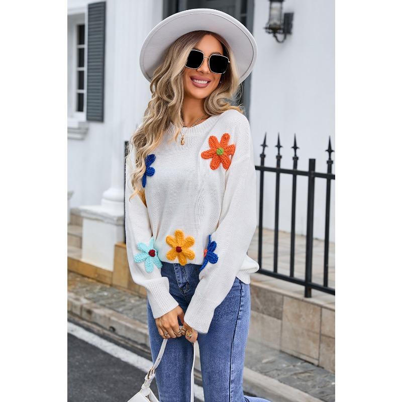 Women's Autumn and Winter Flower Big Size Loose Round Neck Sweater