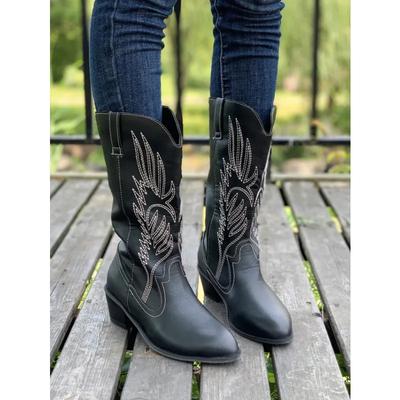 Модные синие джинсовые сапоги-догрудники Pleats для женщин 2024 года, осенние ковбойские сапоги на толстом каблуке с острым носком, женские длинные сапоги в стиле вестерн