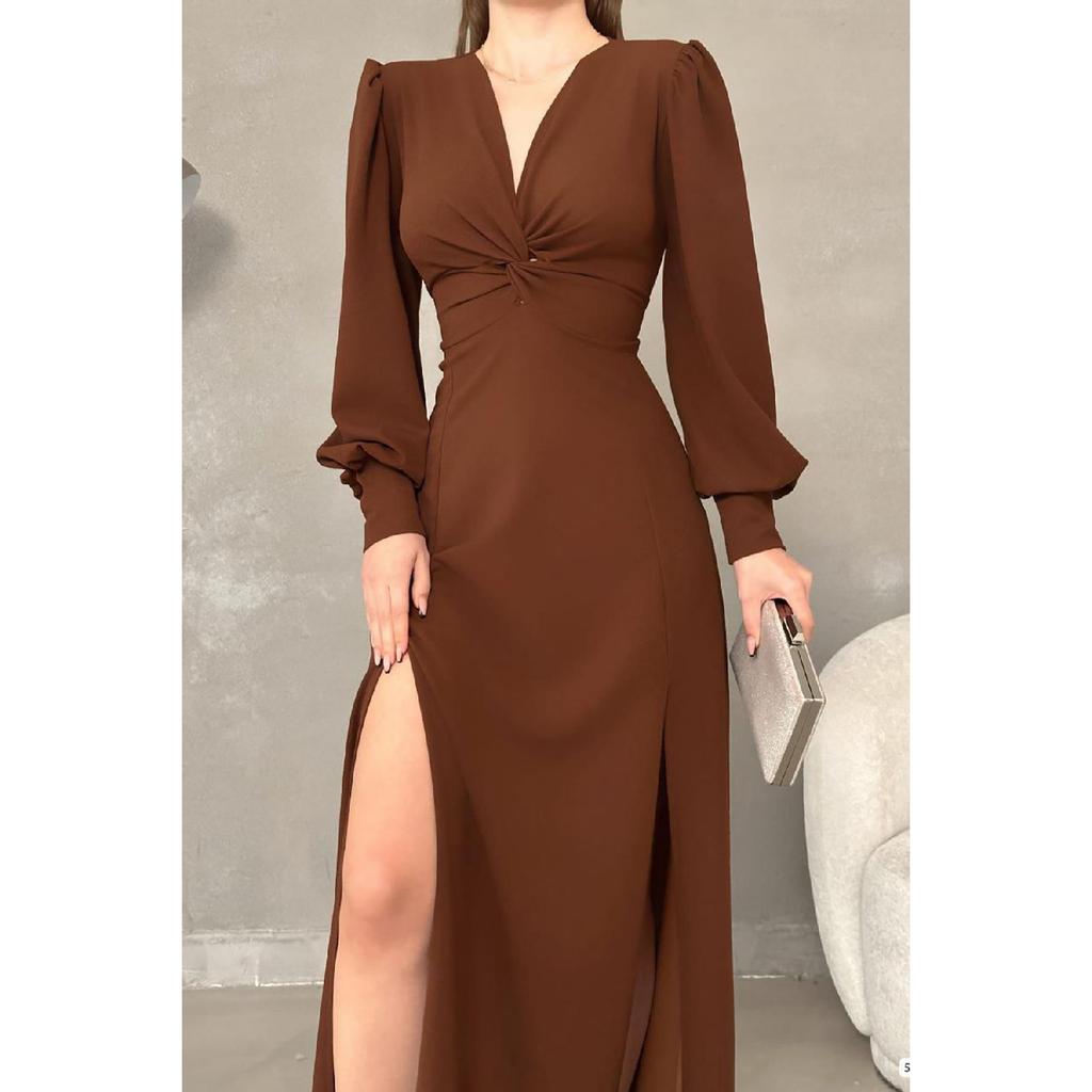 Black Crepe Fabric Front Knot Detail Maxi Length Long Sleeve Double Slit Dress