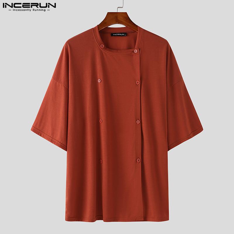 INCERUN Большие летние мужские квадратные воротники с коротким рукавом, регулируемые пуговицы, повседневные свободные топы, футболки