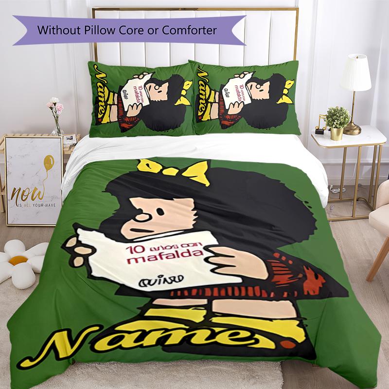 3pcs Custom Name Cartoon Mafalda Bedding Set Duvet Cover Closure Includes 1 Duvet Cover & 2 Pillowcases for All Seasons Bedroom Decor