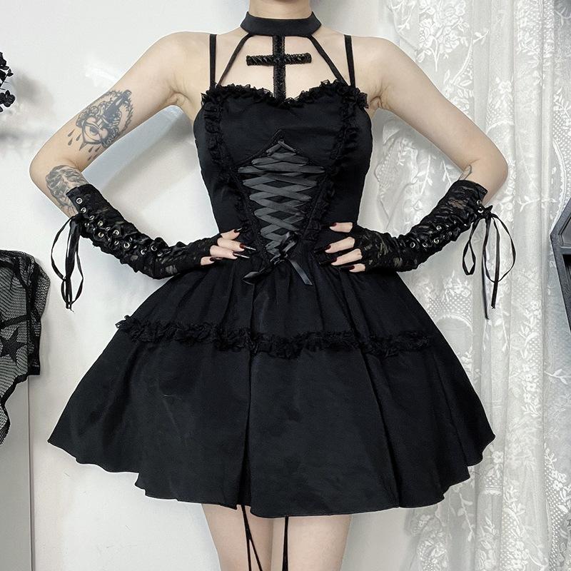 AltGoth Fairycore Гранж Принцесса Платье Женщины Y2k Mall Готический Уличная Элегантный Кружева Лоскутное Бандаж Корсет Платье Праздничная Одежда