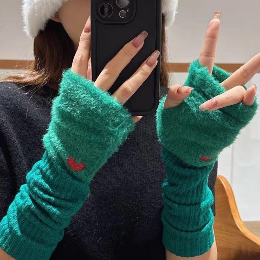 Soft Warm Mink Fleece Half Finger Gloves Korean Style Y2k Winter Mittens Women