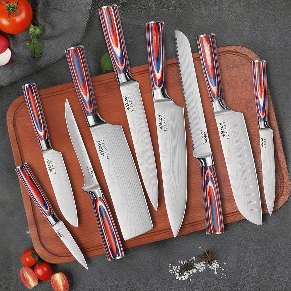 5Cr15MOV Нержавеющая сталь Нож шеф-повара тесак Дамасский узор Кухонный нож Набор японских ножей Сантоку Инструмент для разделки