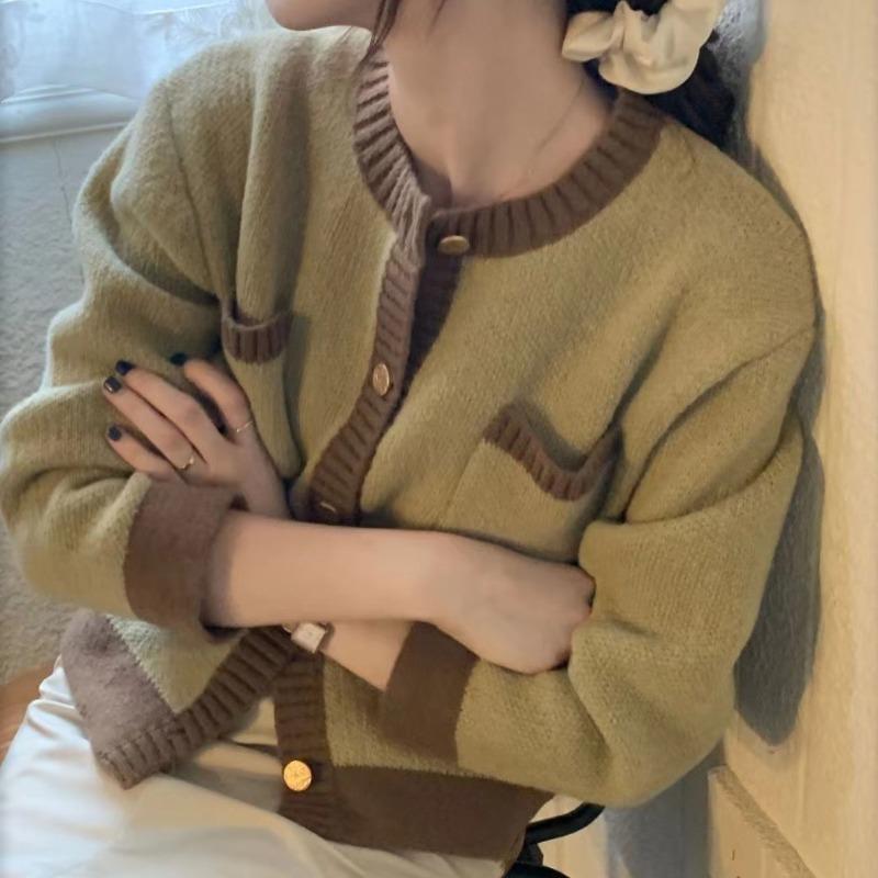 Осенний новый винтажный вязаный свитер с круглым вырезом, кардиганы для женщин, элегантный повседневный однотонный свободный вязаный кардиган, пальто для женщин, модные зимние свитера 25535