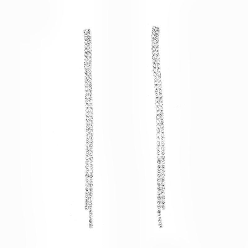 Temperament Luxury Hole Green Rhinestone Earrings Women's Versatile Chain Long Three-Row Fringed Diamond Earrings Earrings