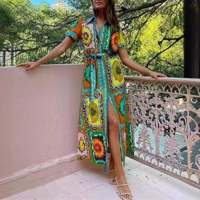 Женская темпераментная длинная юбка со шнуровкой на талии, утягивающая талию, модное свободное повседневное платье-кардиган с короткими рукавами и шнуровкой