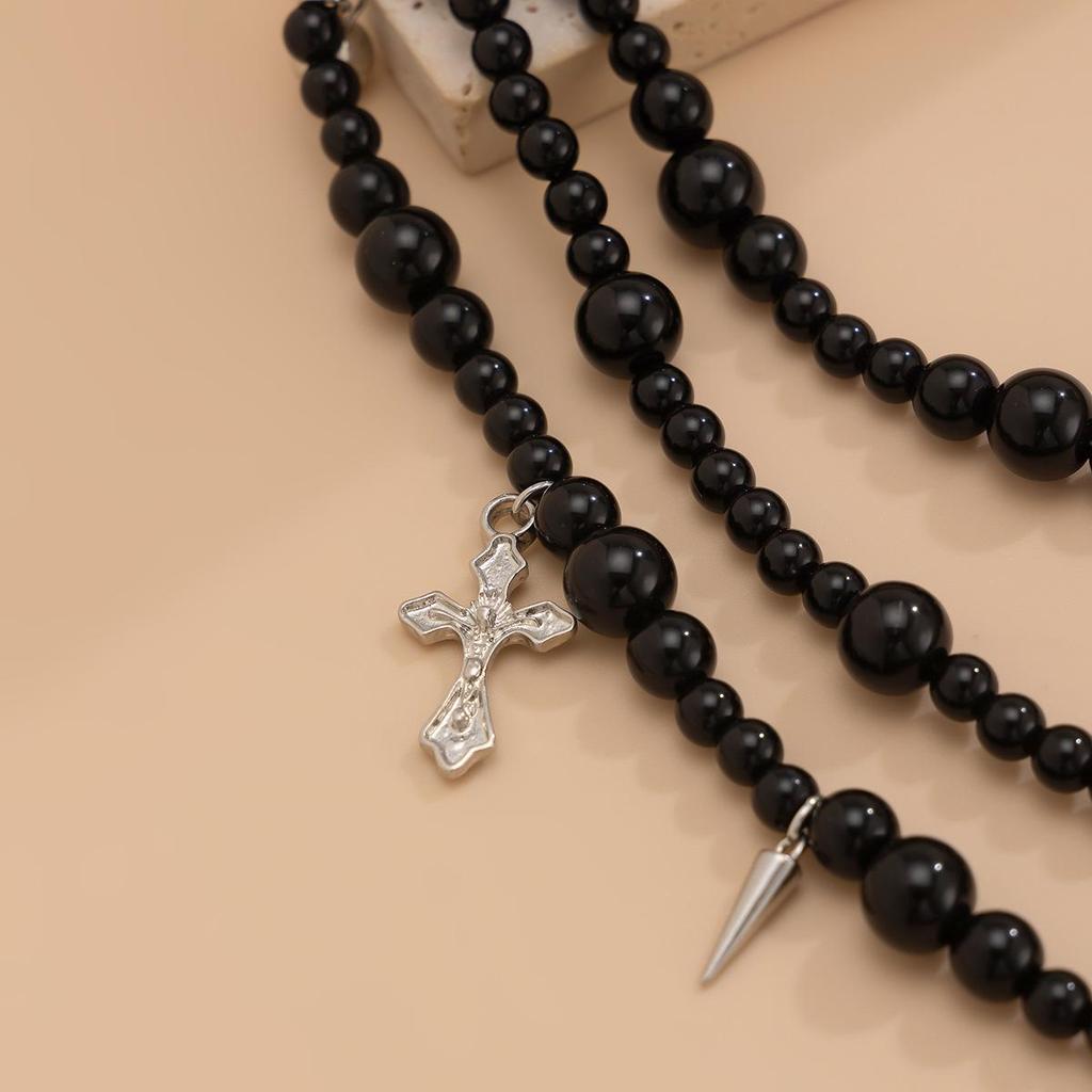 Dark Style Acrylic Beaded Necklace with Cross Pendant - All-Match European and American Fashion for Women