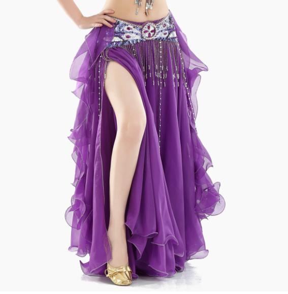 Chiffon Skirt Women Belly Dance Performance Show Costume Sexy Two Side Split Tribal Maxi Full Skirts Swing 2 Ear Stage Clothes
