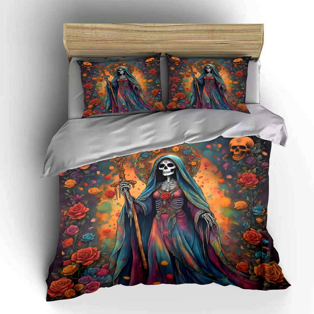 Skeleton Queen with Roses Artwork Bedding Duvet Cover Set (1*Duvet Cover 2*Pillowcases, without duvet insert)