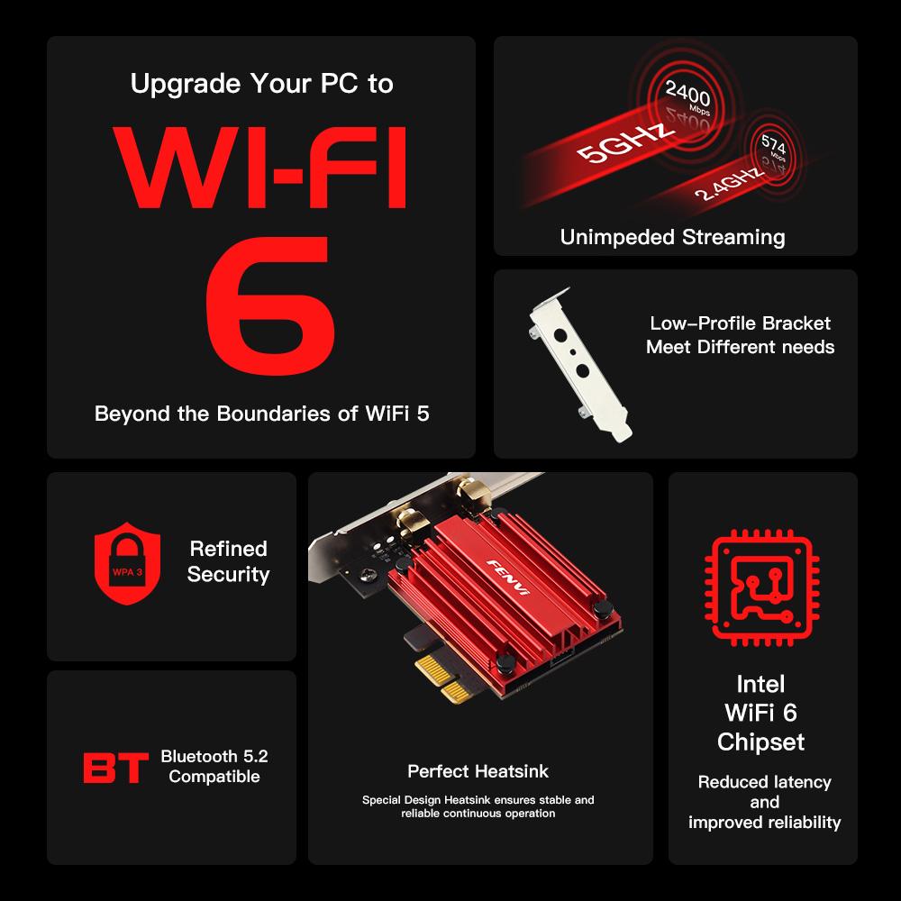 WIFI 6 1800 Мбит/с Bluetooth5.2 Двухдиапазонный 2,4G/5 ГГц 802.11AX Wi-Fi-карта Сетевой адаптер PCI-E Адаптер беспроводной карты ПК с Windows10/11