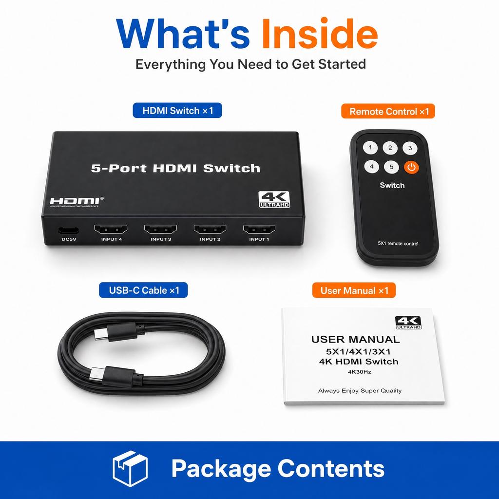 HDMI-переключатель 5 портов 4K UHD HDMI-селектор с беспроводным пультом дистанционного управления Высокоскоростная передача 10,2 Гбит/с с PS5 Xbox Blu-ray