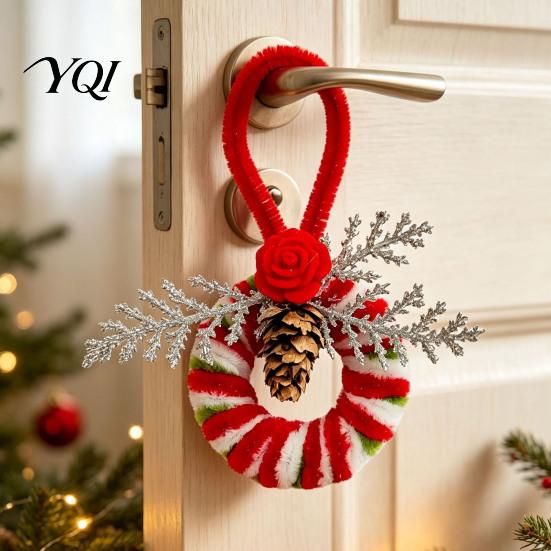 Winter Holiday Photo Props Handmade Pipe Cleaner Christmas Ornament, Finished Chenille Stems Wreath Crafts Creative Party Supplies with Pinecones And