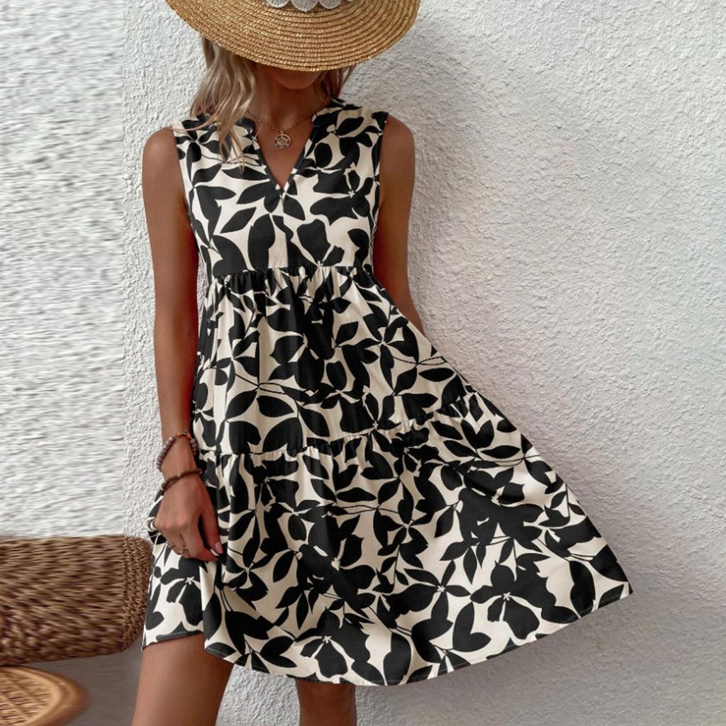Женские платья Платья без рукавов для женщин с v-образным вырезом и цветочным принтом, повседневные свободные летние женские платья