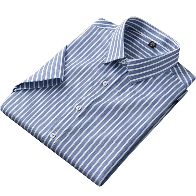 Short Sleeve Striped Men Stretch Work Shirt Non-Iron Summer Easy Care Male Tops Without Front Pocket