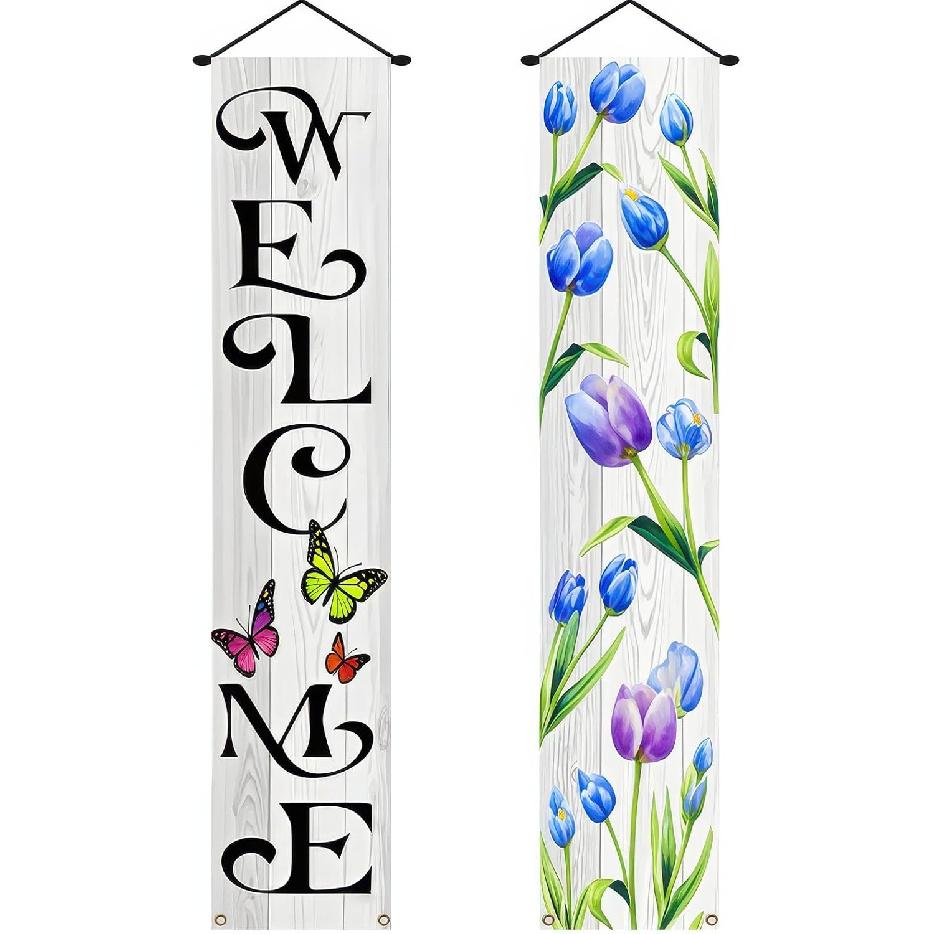 Spring Summer Banner 70x12 Inch Vertical Spring Summer Door Banners Door Decorations Hanging Purple Floral Welcome Porch Signs Outdoor Summer
