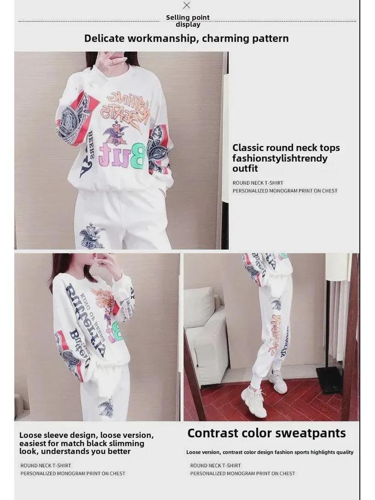 Модный женский комплект из двух предметов в стиле Харадзюку в стиле хип-хоп больших размеров: Свободная толстовка с длинным рукавом и брюки с принтом
