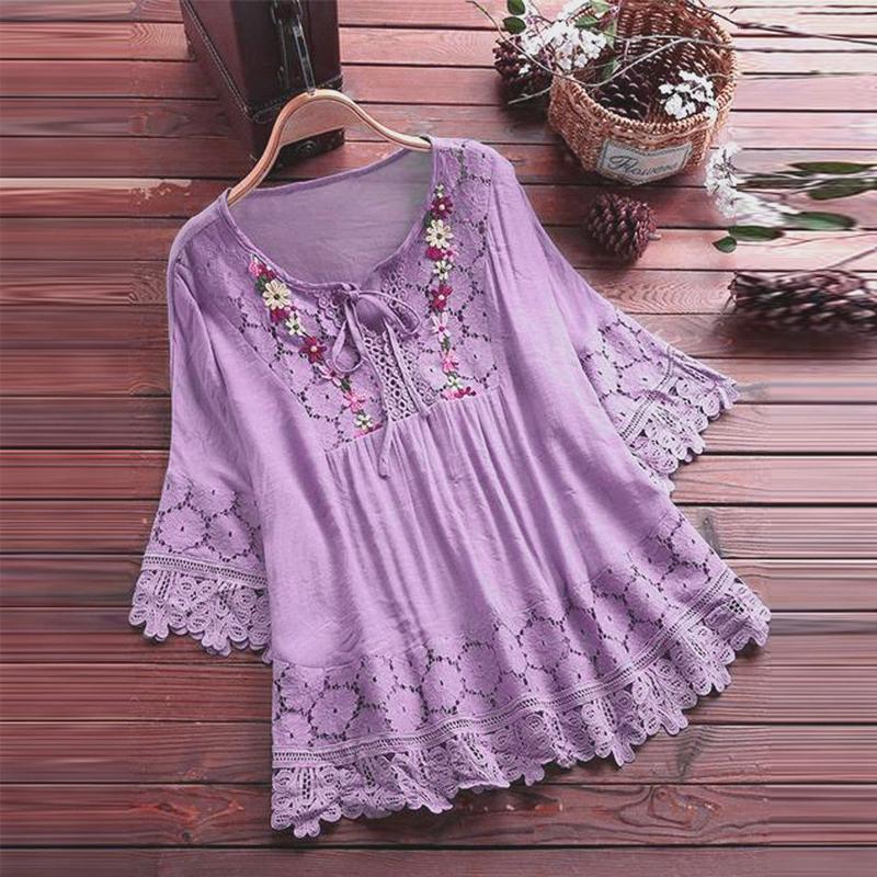 Summer Women's Lace T-shirt Floral Mini Dress Cotton Five-point Sleeve V-neck Loose Casual Bohemian Style T-shirt Top