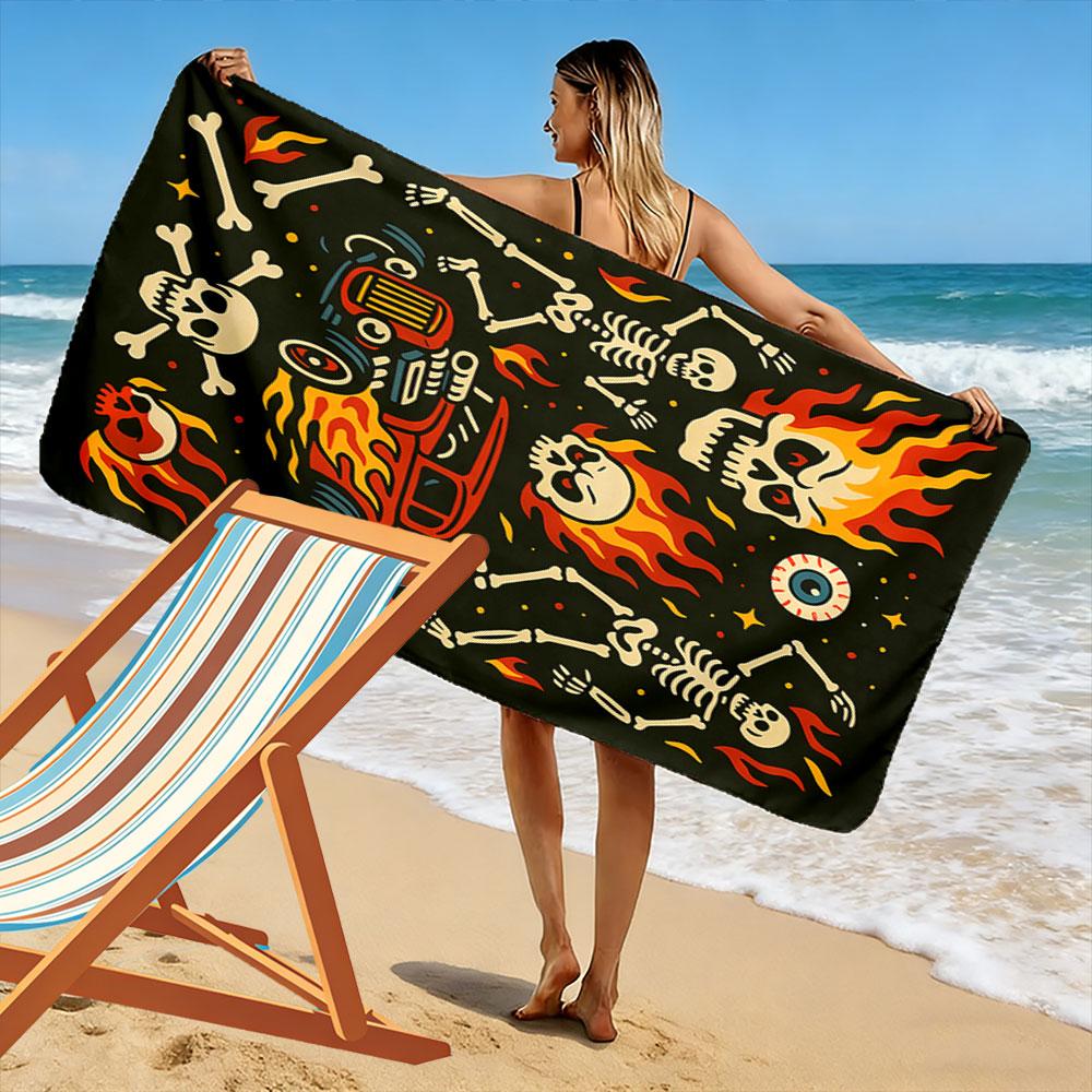 Fiery skeletons ignite adventure Print beach towel, quick drying, suitable for travel, outdoor sports, jogging, the beach and swimming, gift