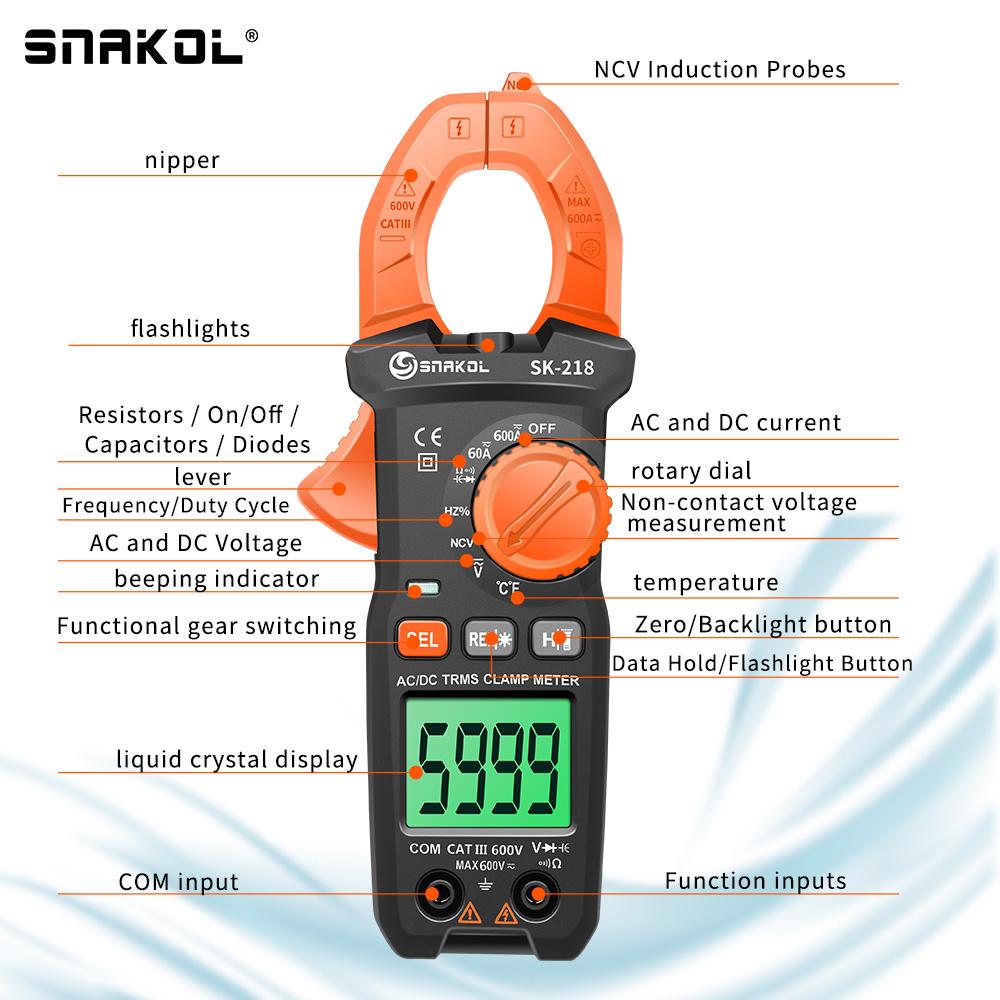 Цифровой токоизмерительный клещ 600A AC DC Ток 5999 отсчетов True RMS Мультиметр Амперметр Тестер напряжения Ампер Гц Емкость NCV Тест Ома