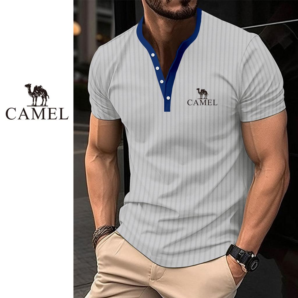 2024 Summer Men's Solid Color Pit Stripe Casual Button V-neck Slim Fit Embroidered Short Sleeved T-shirt