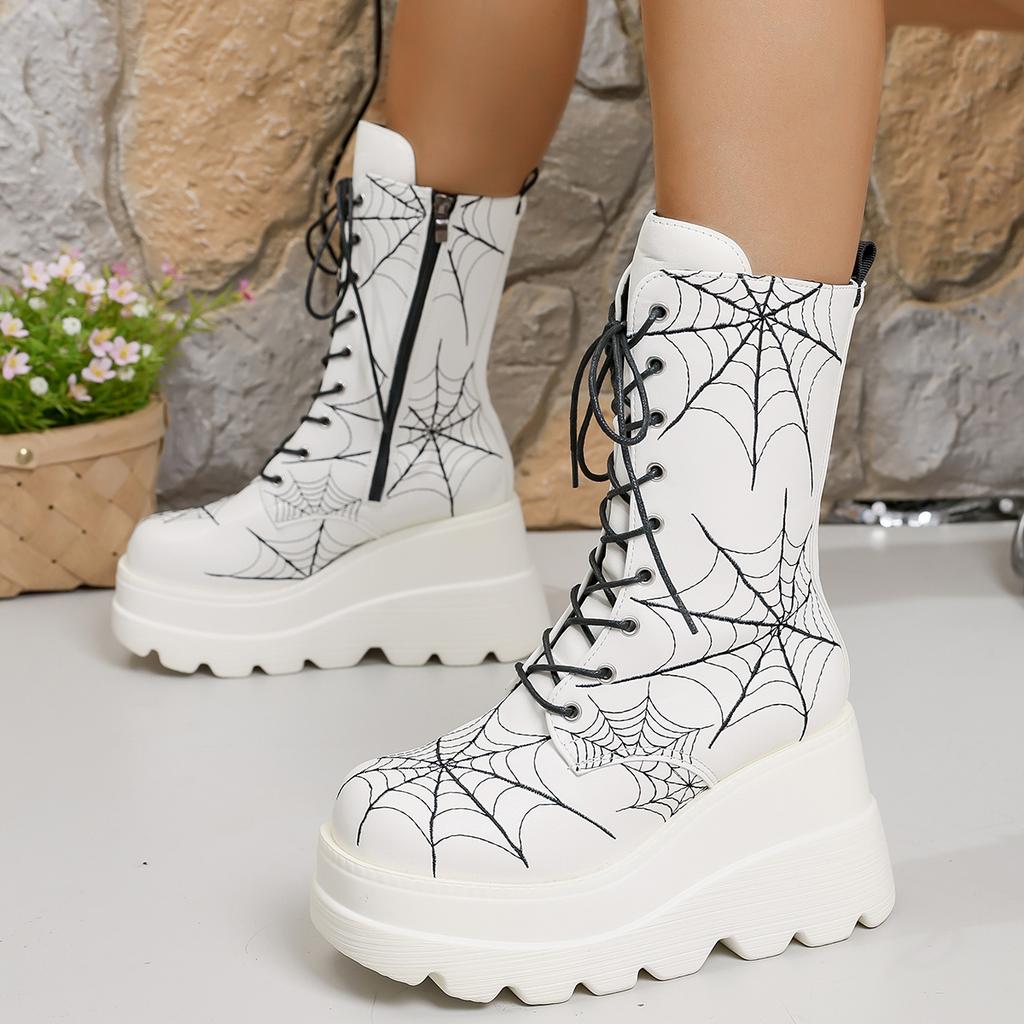 Fashion Fall New Fashion Round Toe Platform Side Zip Front Lace-Up Anti-Slip Wear-Resistant Short Thigh Single Boot