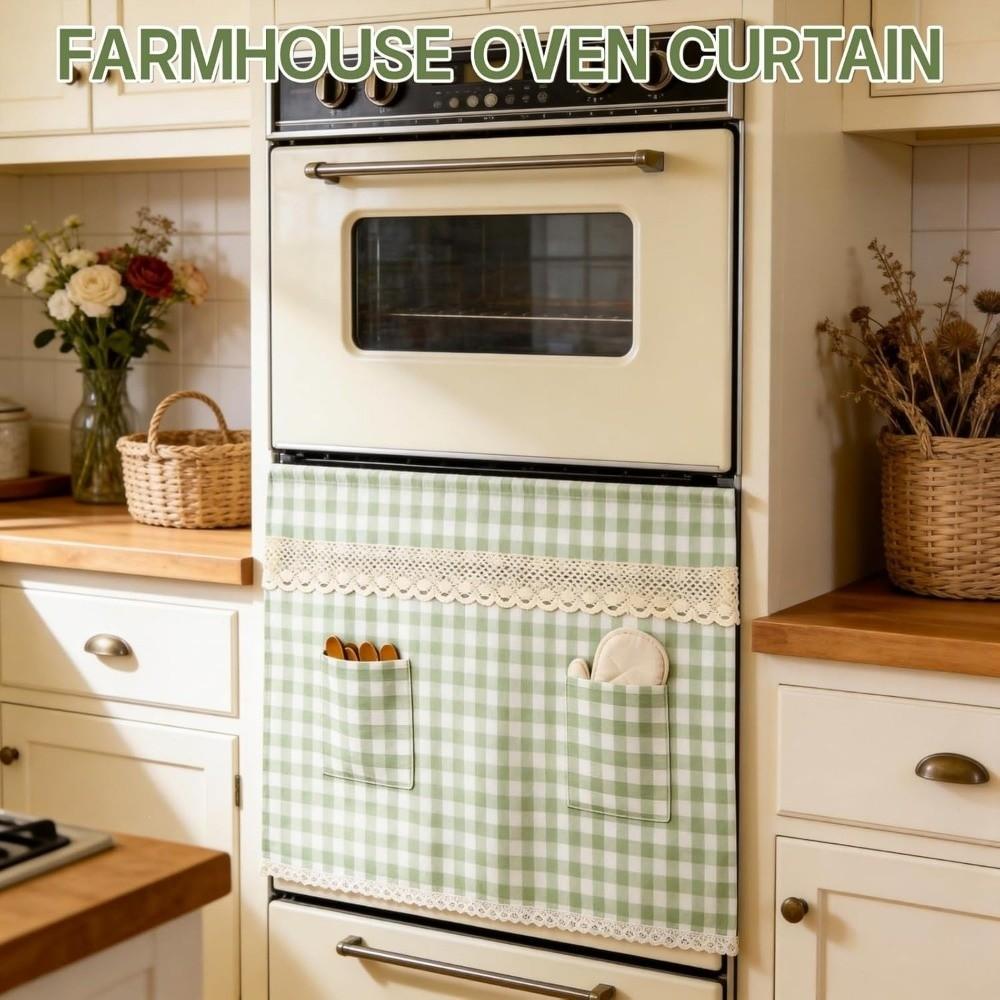 Pastoral Style Farmhouse Oven Cover Checkered Stove Cover Skirt Handmade Hidden Curtain Dishwasher