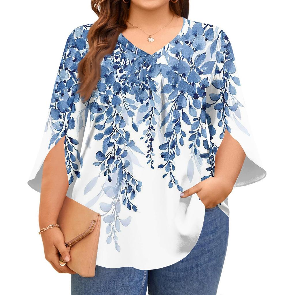 Женские топы с принтом, V-образным вырезом, больших размеров, с рукавами 3/4, элегантные рубашки