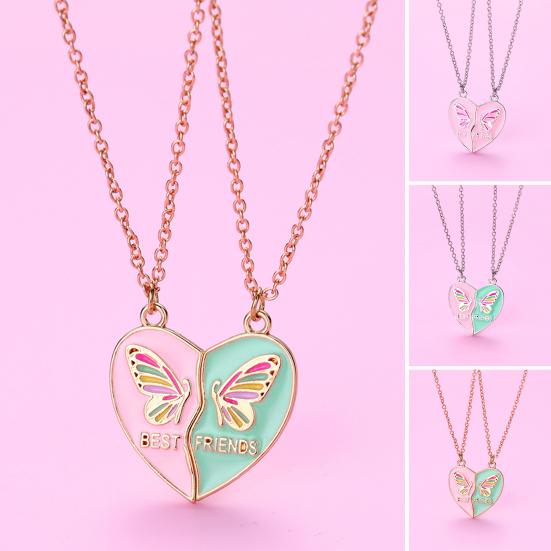Women Necklace BEST FRIENDS Oil-dripping Butterflies Magnetic Double Chain Splicing Love Heart Kids
