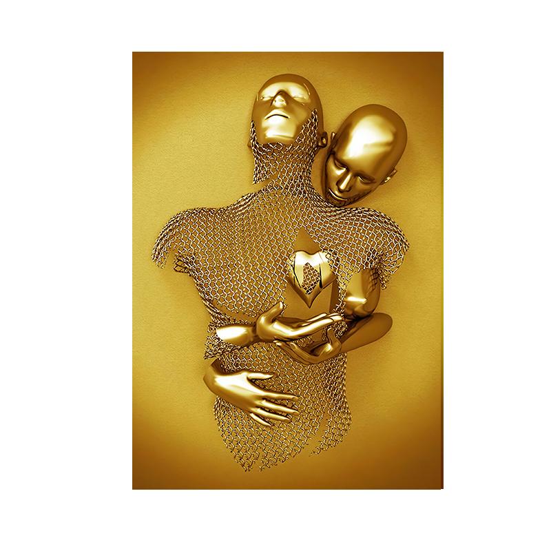3D золотой эффект, обнимающая пара, металлическая настенная живопись, холст, принт, поцелуи, художественные постеры и принты для гостиной, домашний декор