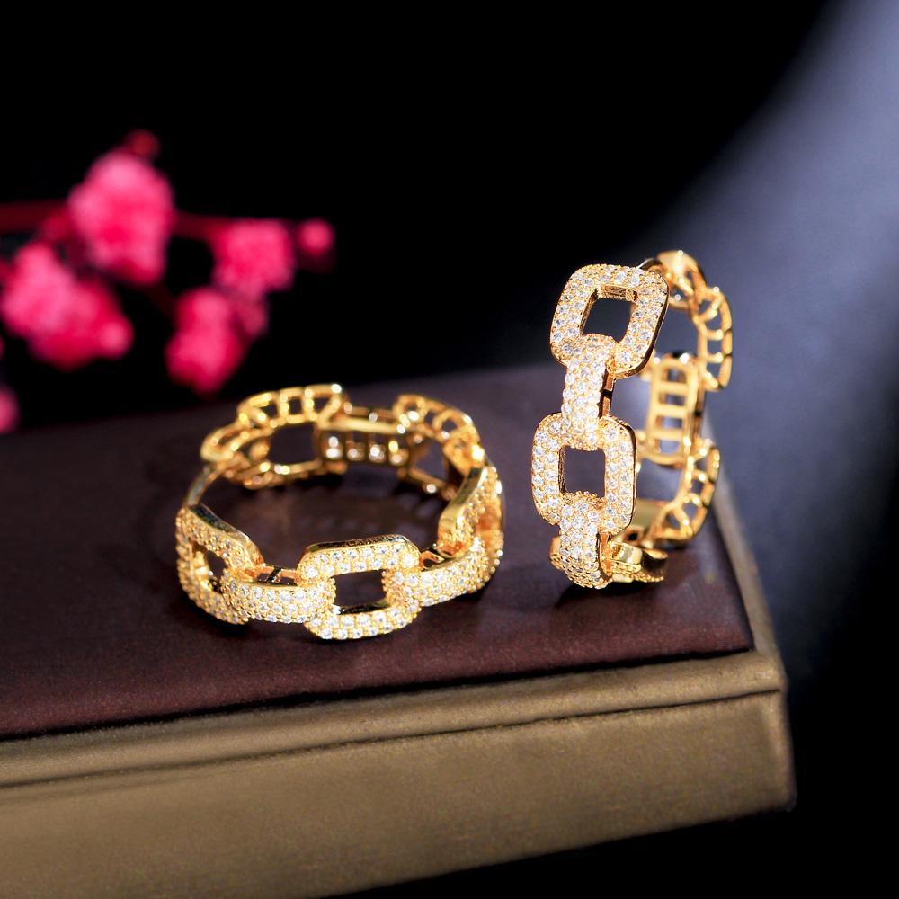 Hot Sale Micro Pave Cubic Zirconia Stones 18k Gold Plated Rectangle Circle Round Cuban Chain Link Hoop Earring for Women Jewelry