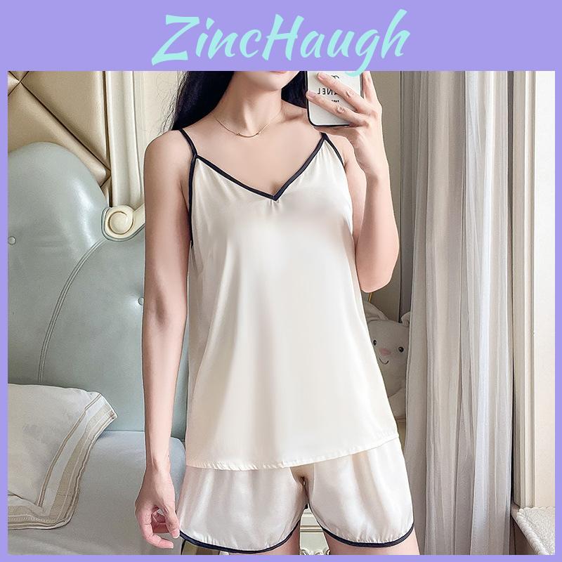 Ladies Silk Sleepwear Set With Vneck Sleeveless Pajamas And Shorts For Home And Lounge
