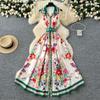 Summer Women Turn-down Collar Vintage Print Runway Dress Sleeveless Long Maxi Party Dresses with Belt
