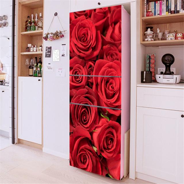 3D Flowers Self Adhesive Refrigerator Wrap Freezer Sticker Art Fridge Door Cover Wallpaper Relief Flower Kitchen Accessories