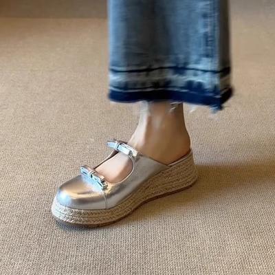 Версия из мягкой кожи~ толстоподошвенная плетеная сумка из соломы, сандалии с бантом, женские, с круглым носком, с мелким вырезом, сандалии-мюли на низкой платформе