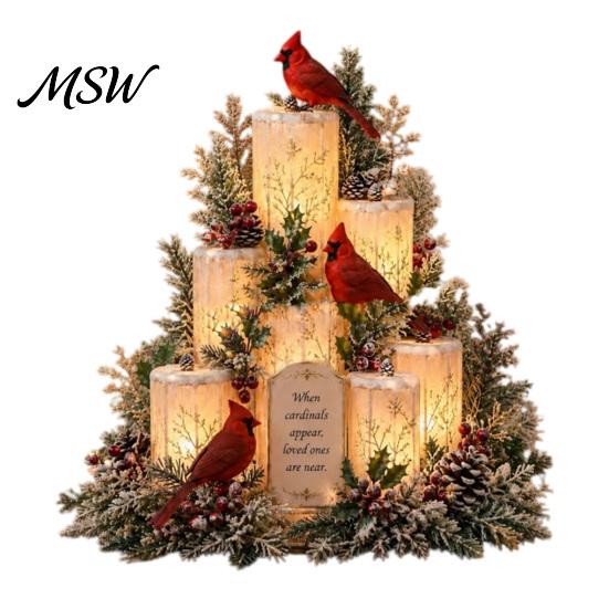 Cardinals Memorial Gift Lighted Christmas Centerpiece, Red Bird Figurine, Light Up Remembrance for Loss of Mother Ornament Home Table Mantel, Sympathy